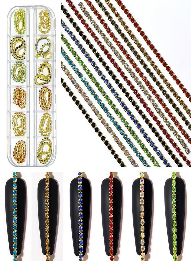 JERCLITY 1 Box 12 Strips Nail Chains for Nail Art Gold Alloy Metal Nail Art Chains Inlay Colorful Rhinestone for Acrylic Nail Art Punk Chain Nail Studs 3D Nail Chains Accessories for Women Nail Art - Image 1